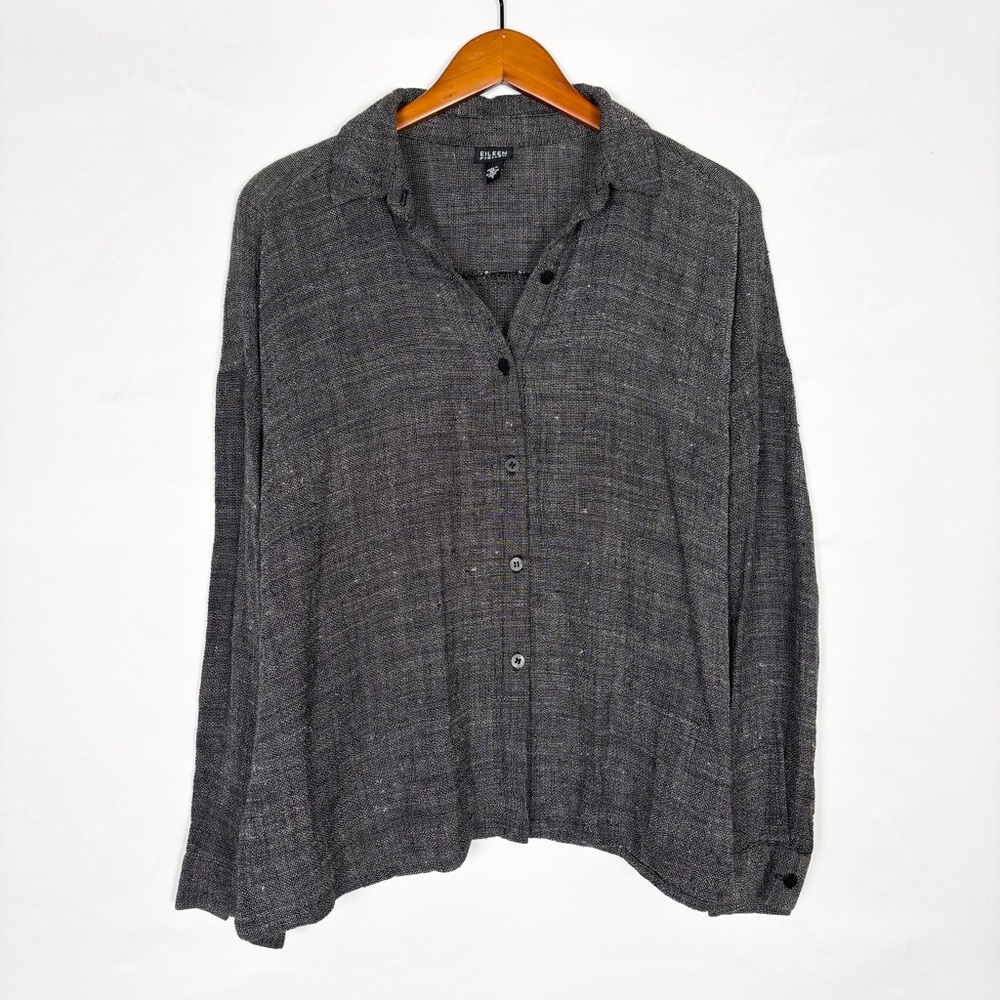 Eileen Fisher‎ Linen Blend Button Up Long Sleeve Shirt Gray Size S USA